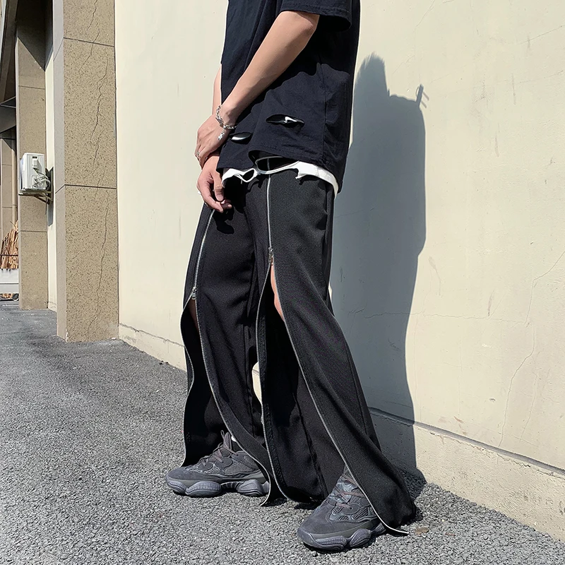 Zipper Split Straight Men Y2K Pants Chic Vibe Ins Trouser Male Party Night Club Streetwear Wide Leg Gothic Hippie Hip Hop Pants