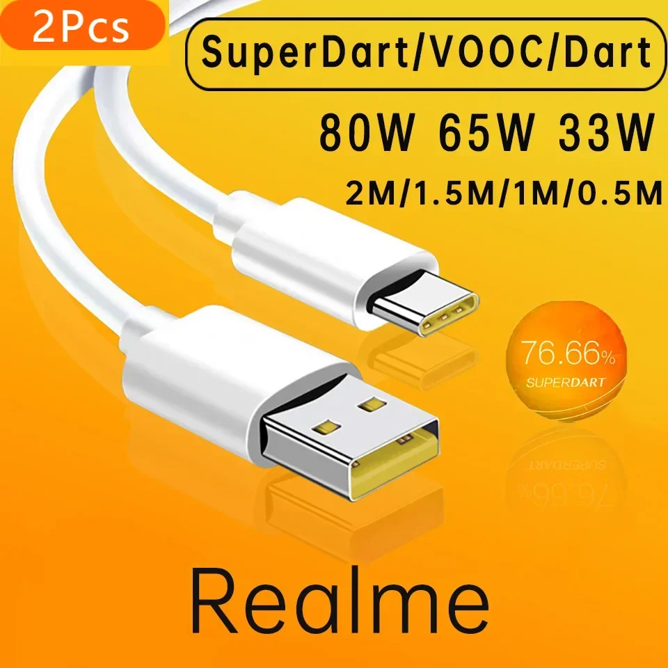 2Pcs Realme Original Type C Cable Phone Cables 65w 80W 8A Super Fast Charge Super Dart Vooc Real Me 7 pro 8 8i 9pro 9i 6 X50 GT