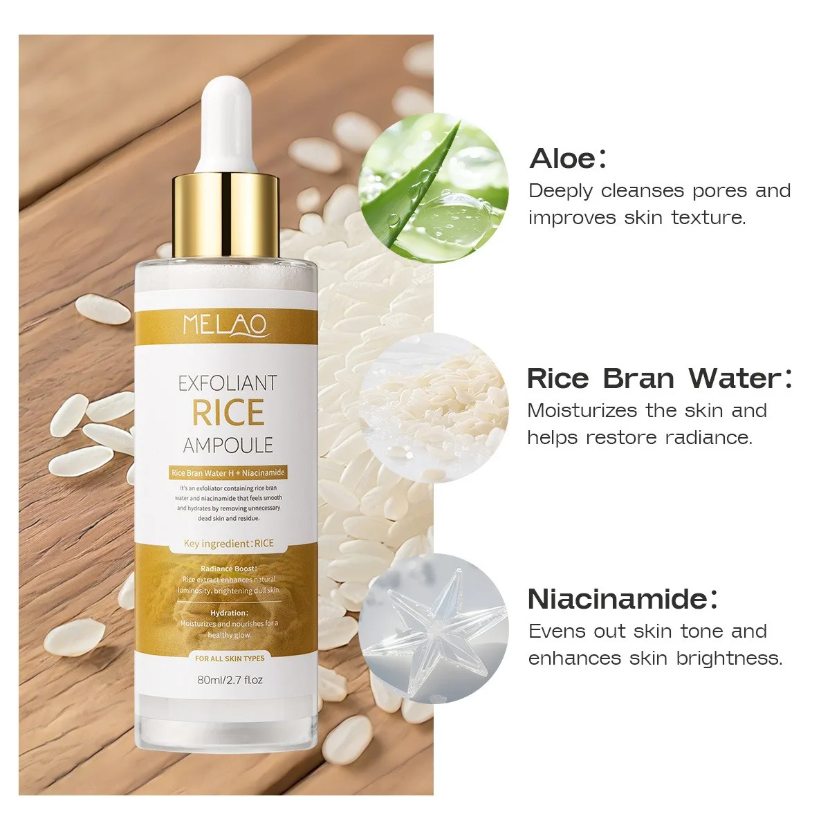 Rice Serum Boosts Collagen, Vitality, Radiant Glowing Skin, Niacinamide, Vitality to Dull Skin, Nourishing, Moisturizing