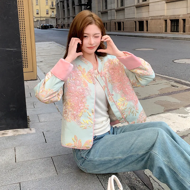New Chinese style jacquard small stand collar short 90 white duck down down jacket women winter 2025 new embroidered jacket
