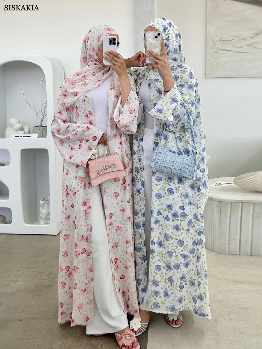 

Siskakia New Muslim Floral Print Open Abayas Dubai Elegant Women Loose Dress Hijab included 2025