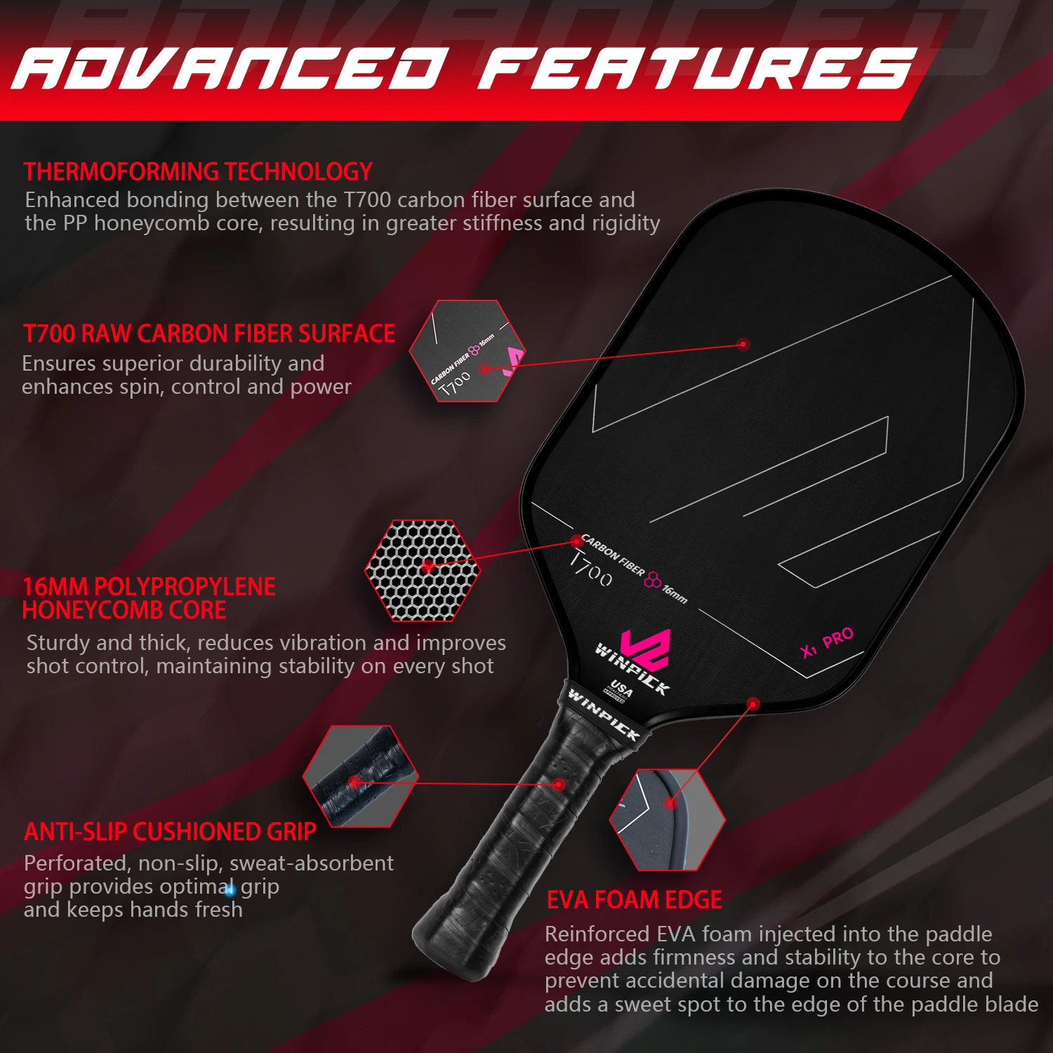 Winpick Pickleball Paddle Thermoformed Raw Carbon Fiber USAPA Approved T700 for Spin and Control Comfort Grip Large Sweet Spot