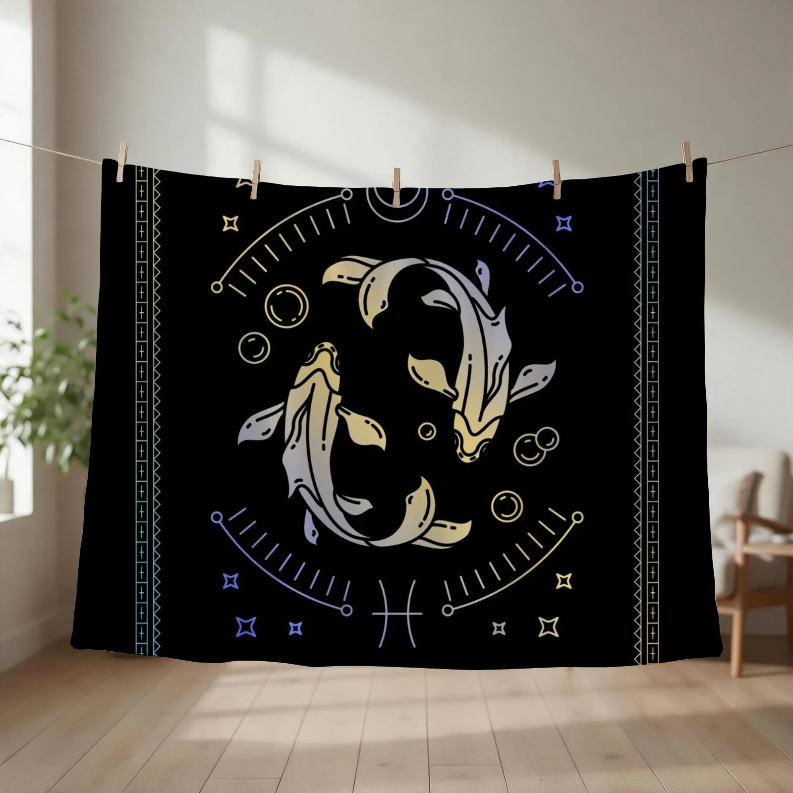 New Tossed Semi-Circles Linoleum Block Print in Faded Denim Throw Blanket couch cozy soft plush fuzzy picnic outdoor blanket