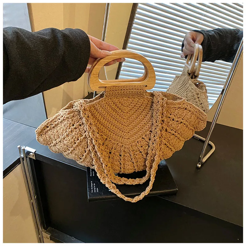 Wooden Handle Women Handbags Handmade Woven Beach Bags for Women Knitting Clutch Tote Ladies Bohemian Rope Crochet Shoulder Bag