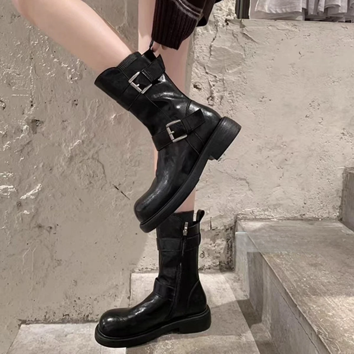 Women Thick Soled Knight Boot with Double Buckles Side Zippers Short Boot for Outdoor Thick Heels Fashionable Boot Winter Warmth