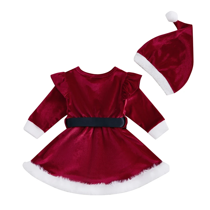 Baby Girls Velvet Romper Dress Terry Trim Long Sleeve Santa Jumpsuit Christmas Hat Adorable Outfits