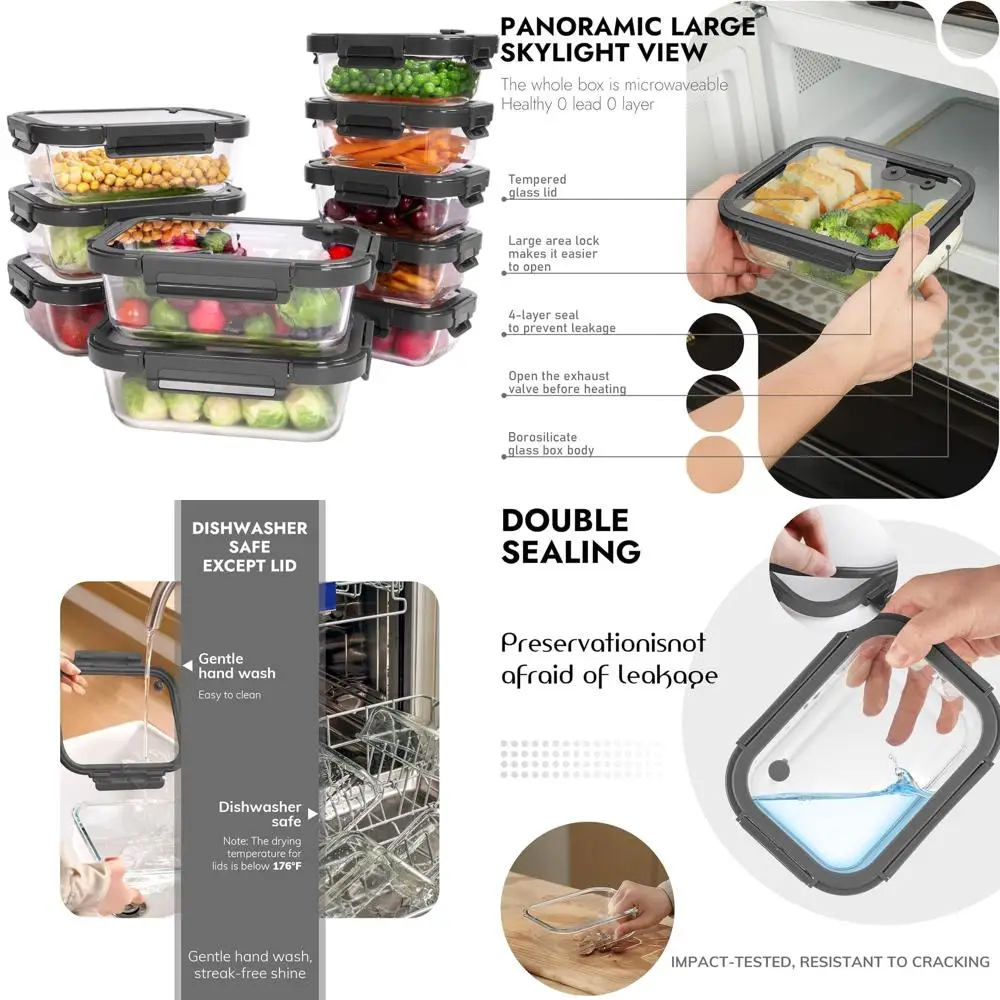 

Набор из 10 контейнеров для хранения продуктов из боросиликатного стекла с герметичными крышками, пригодные для использования в духовке, без BPA, герметичные, можно мыть в посудомоечной машине (4.4 л)
