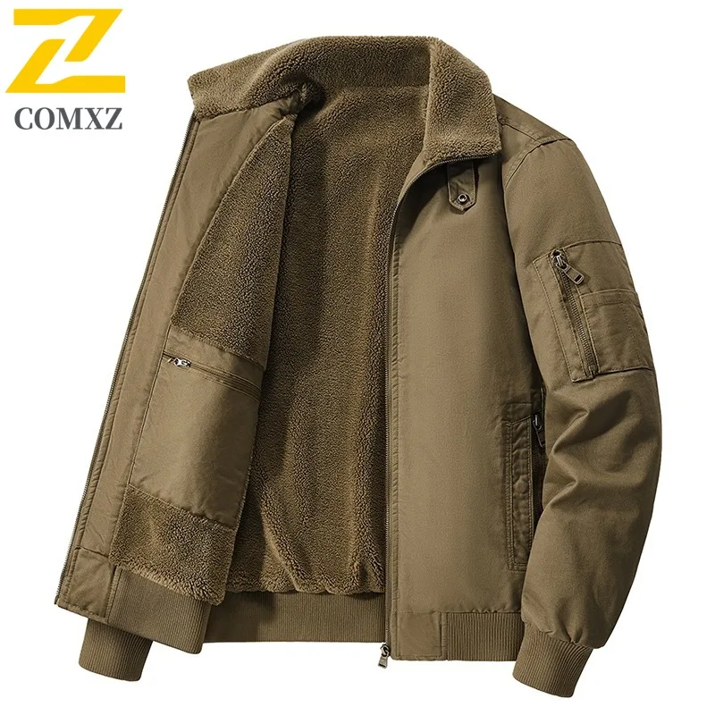 

COMXZ 2025, осенне-зимняя новая мужская куртка на флисовой подкладке, утепленная бейсбольная куртка-карго из чистого хлопка, однотонная верхняя одежда ​