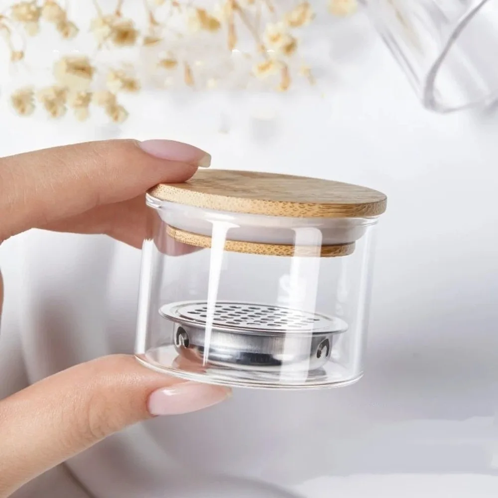 Transparent Glass Nail Brush Cleaner Cup Stainless Steel Mesh Round Brushes Washing Cup with Wood Lid Nail Art Brush Washer