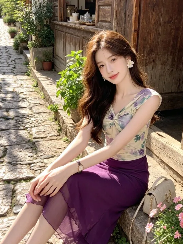 

Retro Style Printed Crop Top And High Waist Skirt Two Piece Set Comfortable Breathable Summer Outfit for Women V Neck Sleeveless