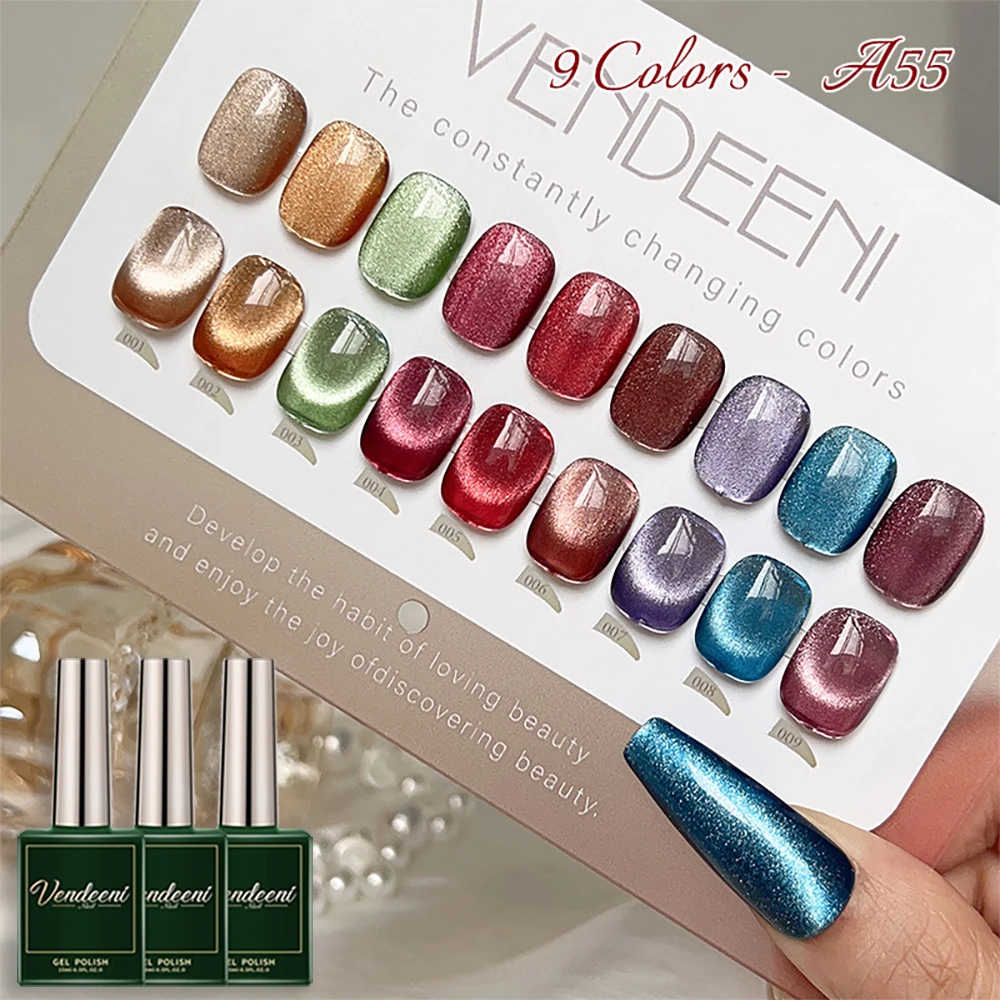 Vendeeni 9 Colors Crystal Wide Cat Eye Gel Nail Polish Set Magnetic UV LED Gel Varnish Silver Snowlight Cat Eye Gel With Display