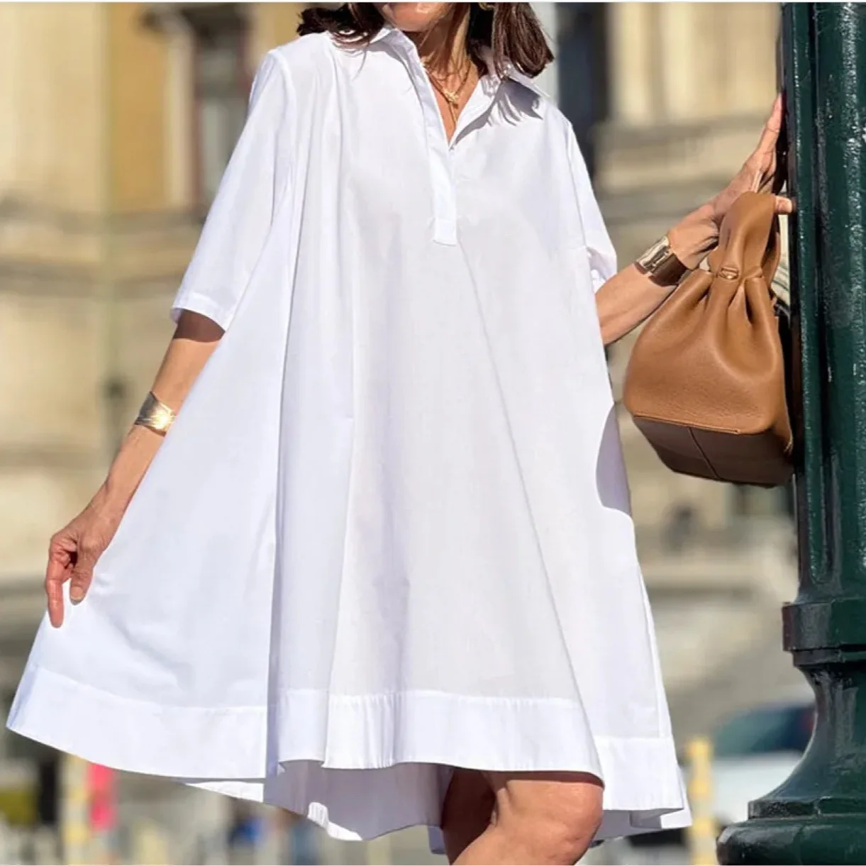 

Цветной женский повседневный темперамент Dr Street Sle A-Line Cotton Blend Five-Quarter Sve Одно плечо Осенняя мода