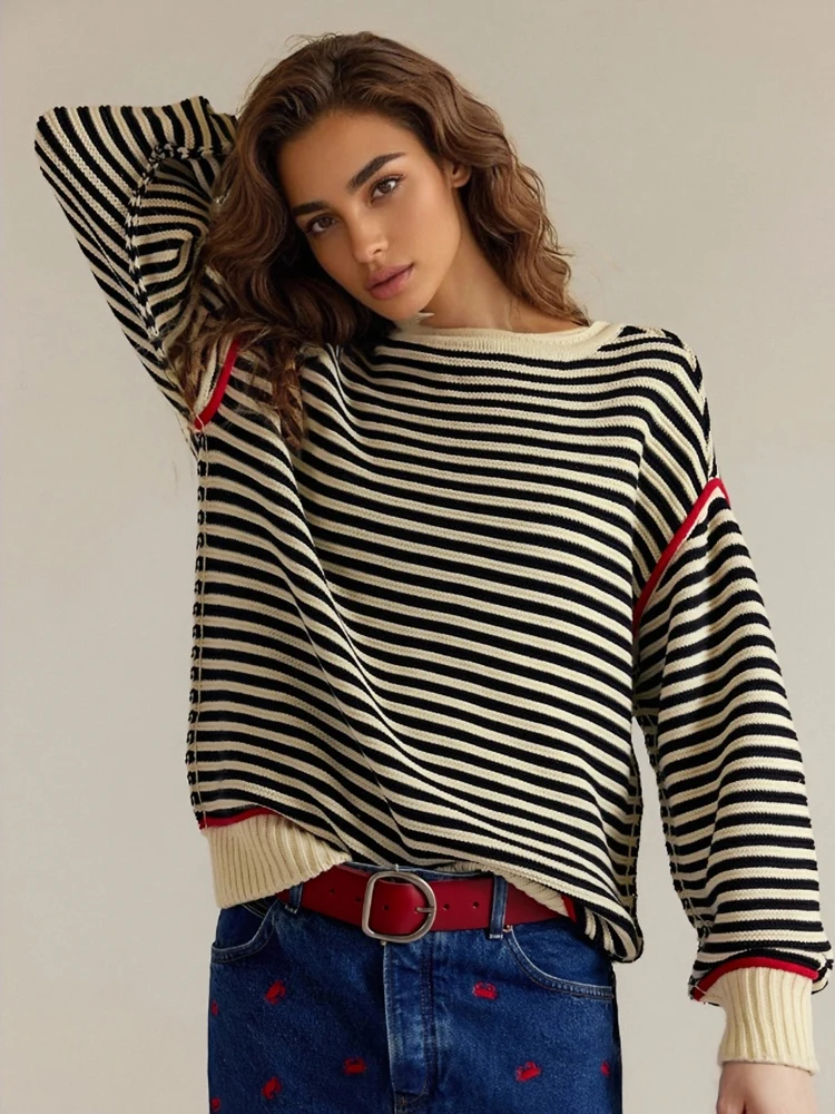 

New Winter Woman's Striped Sweater,Long Sleeve Knits,Elegant Sweaters,Pullovers,Patchwork Sweaters For Ladies,Woman's Clothing