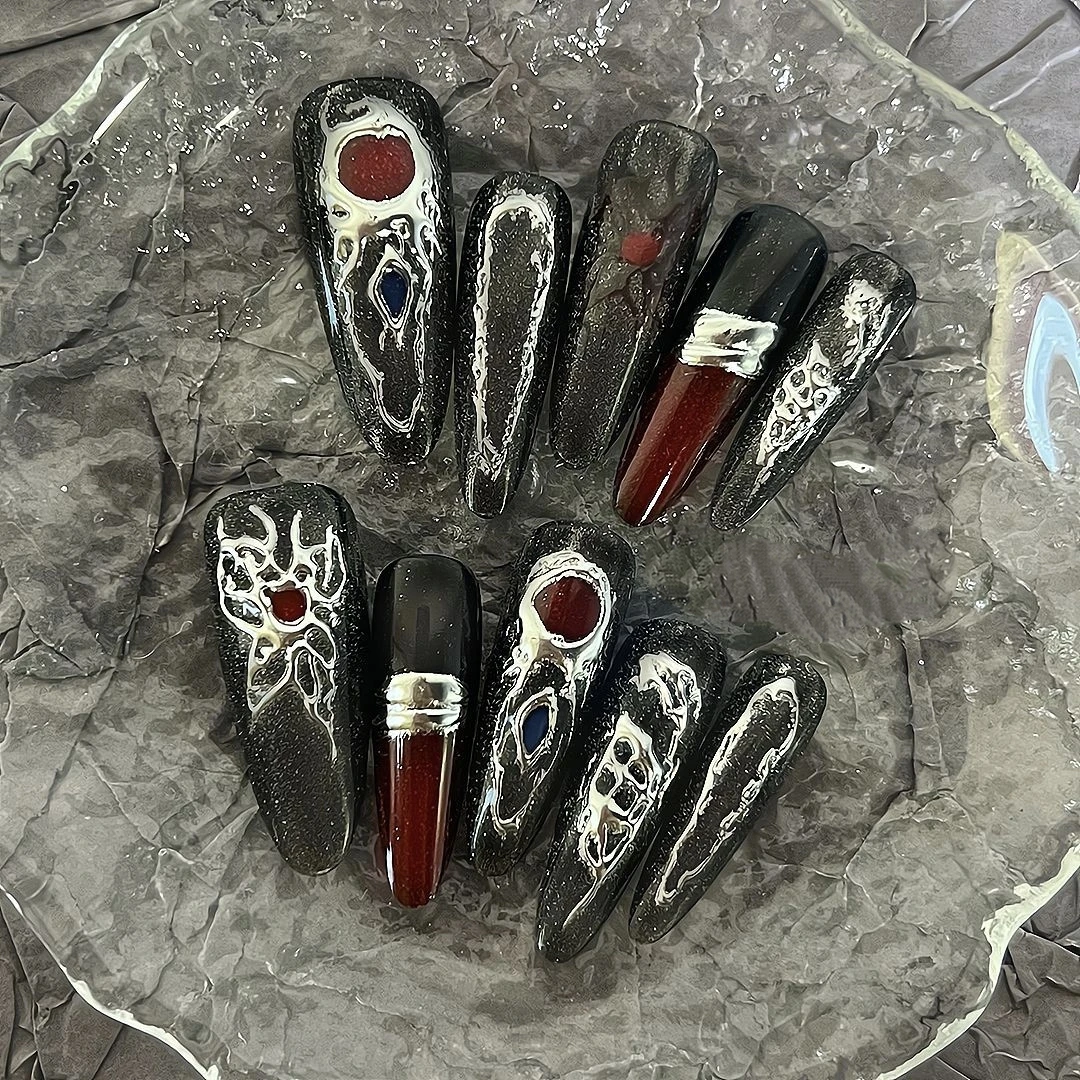 

10Pcs Handmade Sweet Cool Dark Style Acrylic Fully Covered Nail Tips Metallic Gel Color Gradient Press On Nail Art Reuse Almond