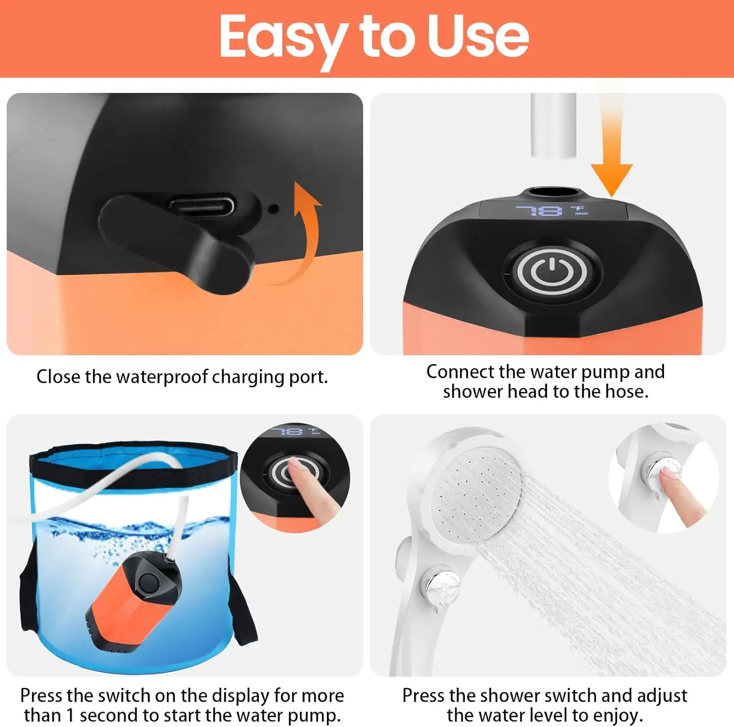 Doccia da campeggio portatile, ricaricabile da 7800 mAh con 3 modalità di spruzzo, impermeabile IPX7, batteria a lunga durata