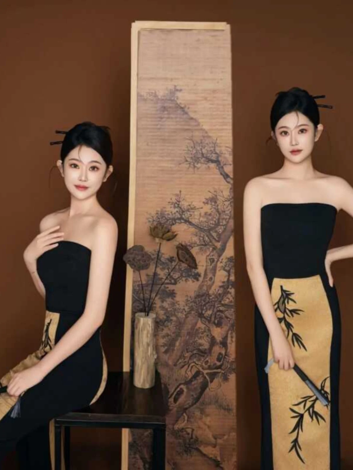 

New Chinese Style Black Strapless Gown Photography Studio Props Fashion Art Photoshoot Clothing Polyester Material