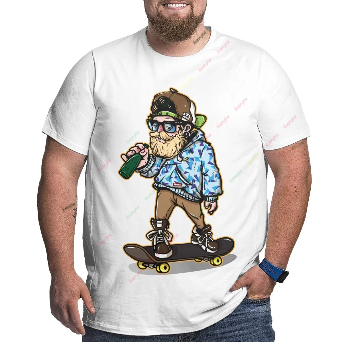 Oversized Men's Cotton T-Shirt 3D Print Cool Man Holding Beer Standing on Skateboard Drinking Dropped Short Sleeve Sportswear