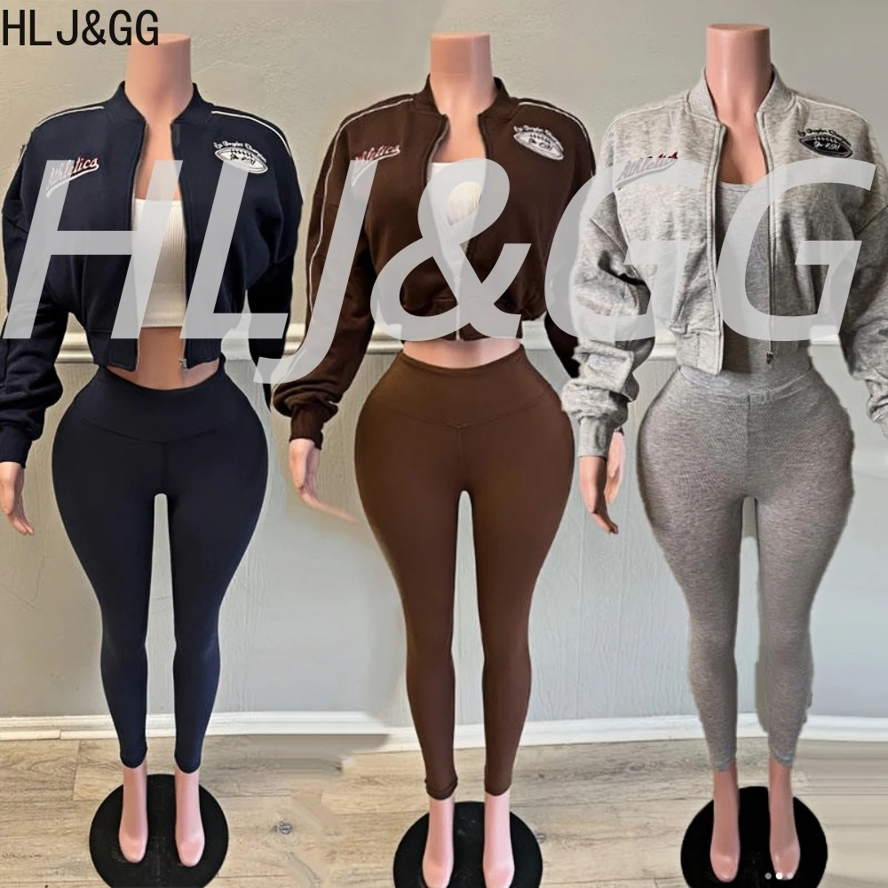 

HLJ&GG Autumn Winter Embroidery Letter Jacket Two Piece Sets Women Zip Long Sleeve Crop Top And Skinny Pants Outfits Tracksuits