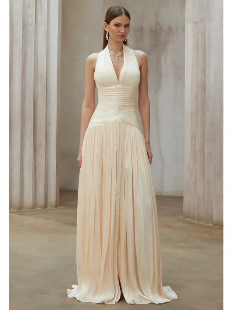 DFDG Damesjurk voor lente/zomer, halter, diepe V-hals, gerimpeld, met sleep, maxi, elegant, formeel, avondkleding, 2026, trendy, vrouwelijke modejurk