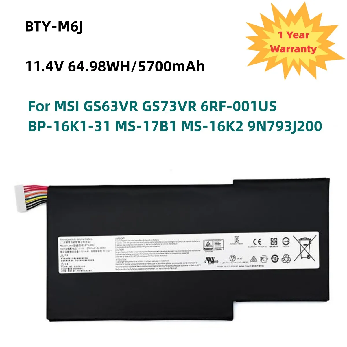 

11.4V 5700mAh/64.98WH BTY-M6J Laptop Battery For MSI GS63VR GS73VR 6RF-001US BP-16K1-31 MS-17B1 MS-16K2 9N793J200 Tablet PC