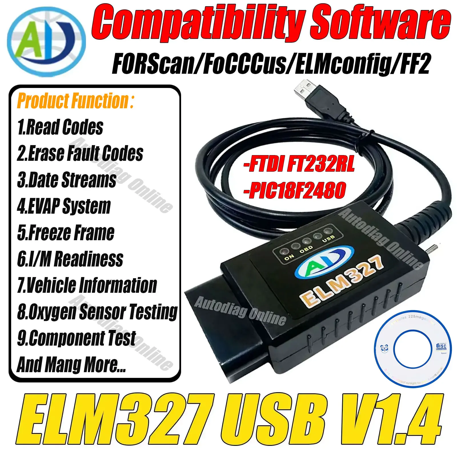 

ELM327 USB Scanner V1.4 FTDI FT232RL PIC18F2480 CAN-HS/MS for Ford Forscan Code Reader Tool Automotive OBDII Diagnostic Scanner
