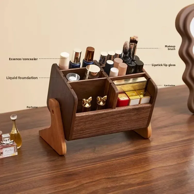 Walnut Cosmetic Organiser Desk-top Vanity Unit Lipstick & Eyeshadow Organiser Makeup Brush Holder Large Capacity Storage Rack