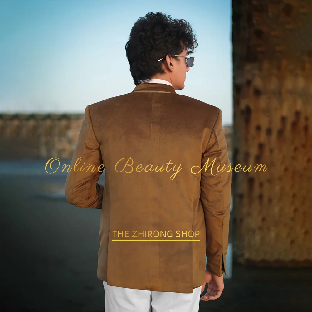 Brown Double Breasted Premium Velvet Designer Blazer Mens' Suit for Wedding Prom Party Birthday gift