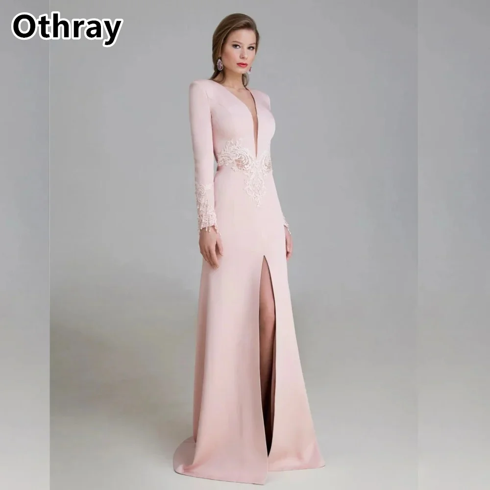 

Othray Sweet Pink Evening Dresses Applique Beaded Deep V Neck Long Sleeves Modern Formal Prom Gowns Wedding Guest Robe 2025