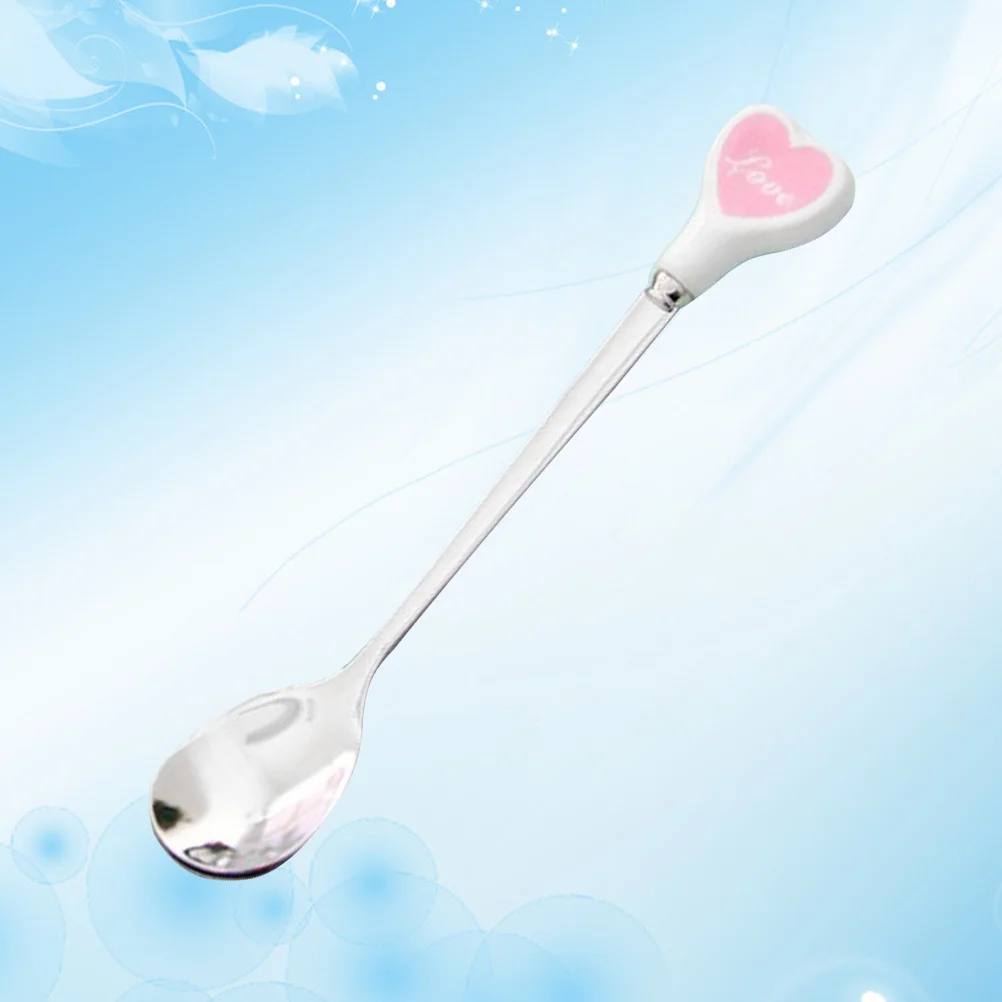 

Ceramic Love Heart Handle Stainless Steel Spoon for Dessert Coffee Cappuccino Milk Sugar Stirring Pink Serving Utensil