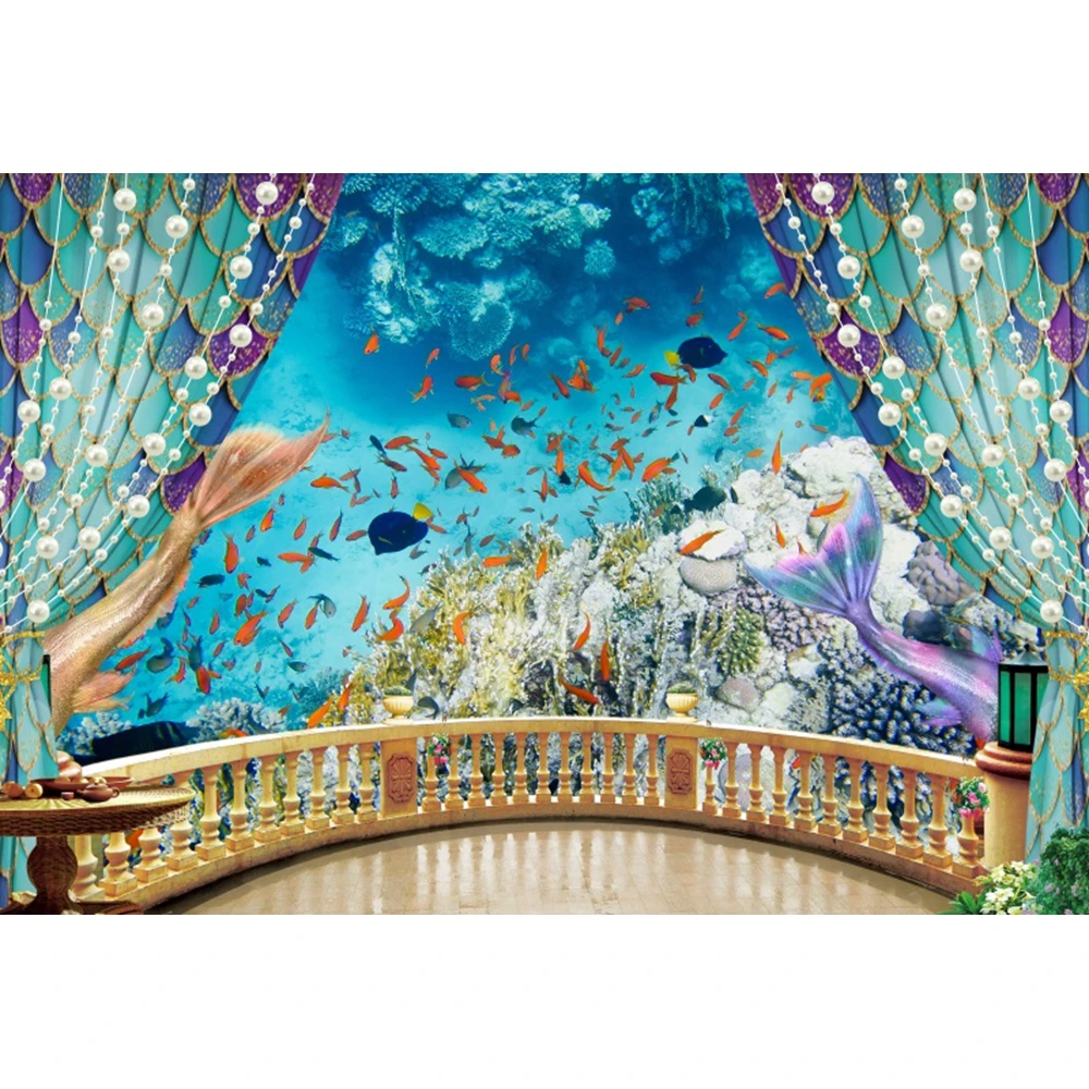 인어 공주 사진 배경, 아기 소녀 생일 파티 장식 배경, 사진 커스텀 포토콜 스튜디오 사진