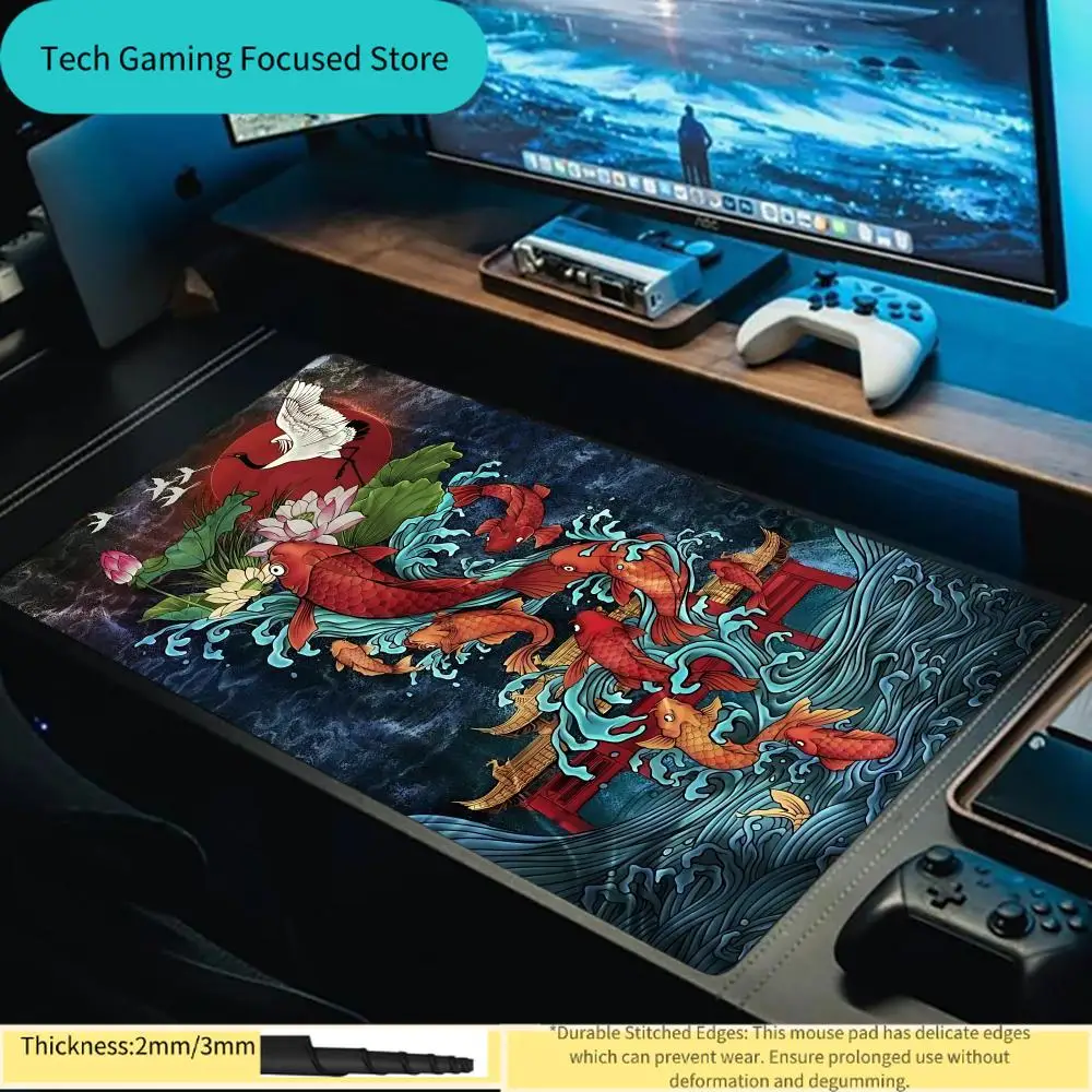 

Японский коврик для мыши с красным карпом кои на удачу, XXL, большой игровой аксессуар, резиновый коврик для стола, HD, нескользящий коврик для компьютерной клавиатуры