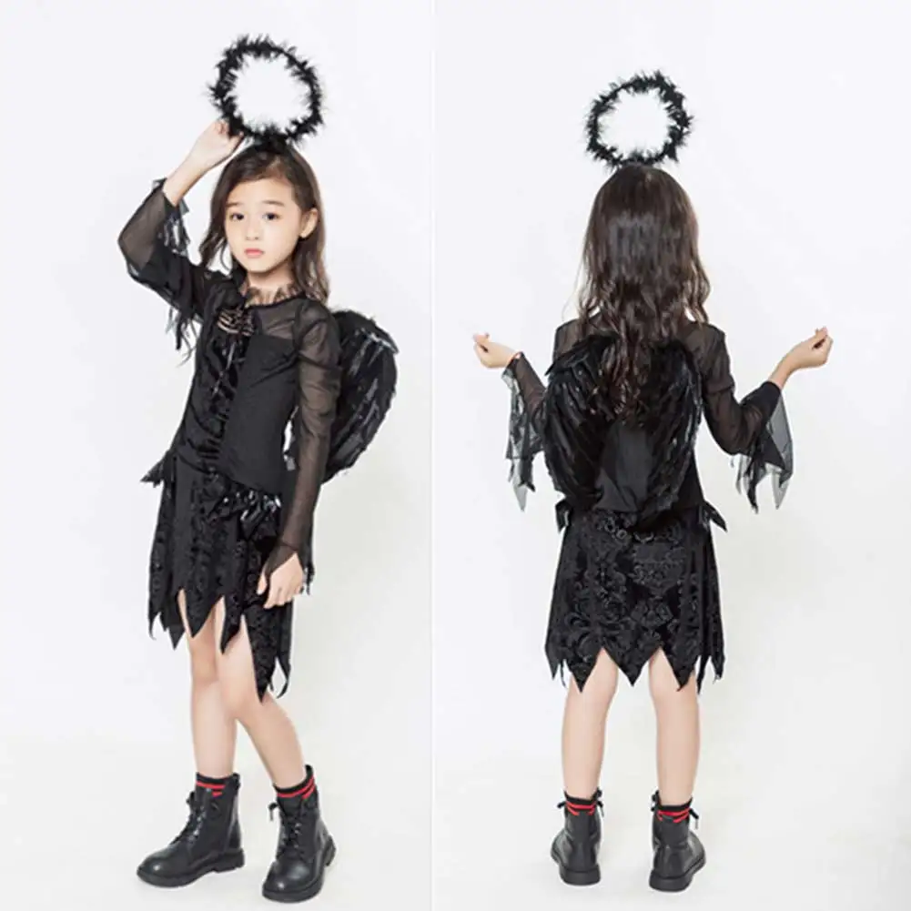 

Halloween Black Angel Cosplay Costume Children Black Angel Horror Witch Girl Cos Devil Vampire Show Performance Clothing