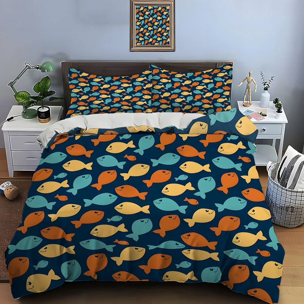 

3pcs Colorful cartoon fish Pattern Duvet Cover Set Digital Print Colorful Polyester Bedding with Zipper Closur for kids gifts