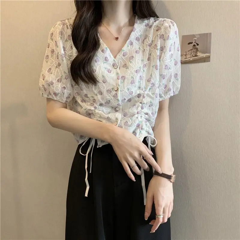 Ruffles Shirts and Blouses Floral Korea Short Sleeve Summer Top V-neck Shirring Fashion Woman Blouse 2024 Sweet Button Clothes