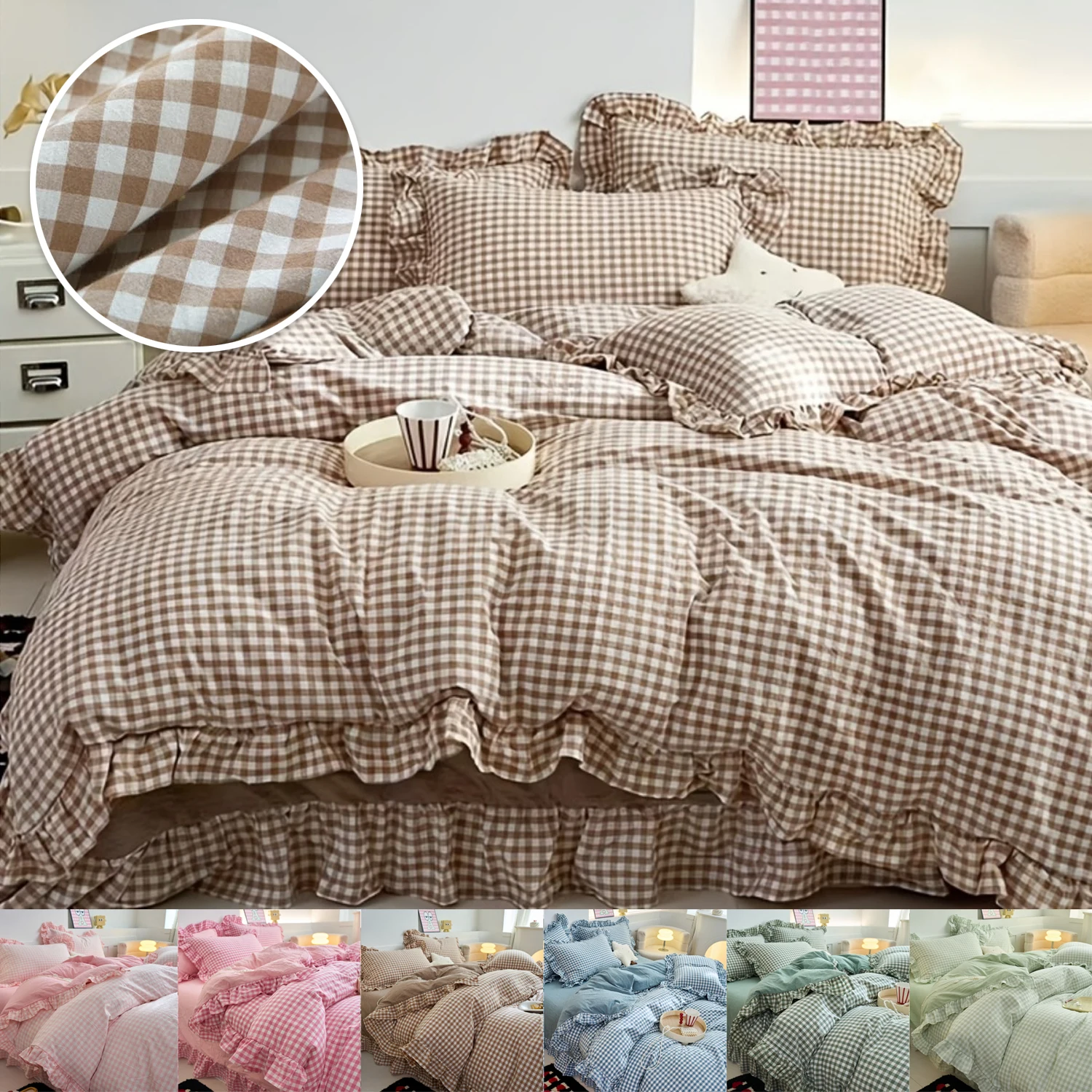 

4PCS/set Duvet Cover (1*Duvet Cover + 1*Bed Sheet + 2*Pillowcase) Plaid Quilt Cover Set Comfortable Ruffle Bedding Set Bedspread
