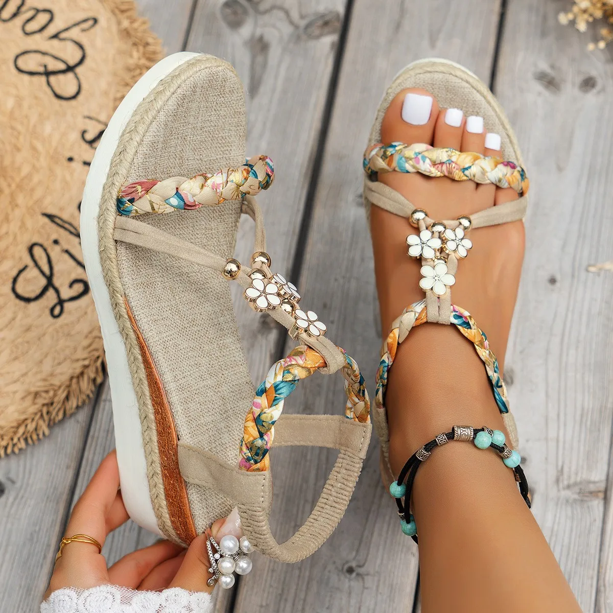 

2025 Women Sandals Fashion T-Strap Platform Sandals Women Mix Color Elastic Band Wedge Shoes Woman Daily Open Toe Shoes Female