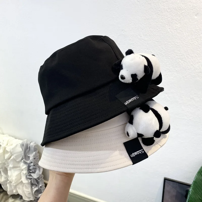 Women\'s Hat Panama Four Seasons Fisherman Hat Big Round Hat Sun Shade Hat Cartoon Panda Lovely Casual Bucket Hat Cap H04