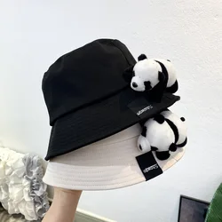 Women's Hat Panama Four Seasons Fisherman Hat Big Round Hat Sun Shade Hat Cartoon Panda Lovely Casual Bucket Hat Cap H04