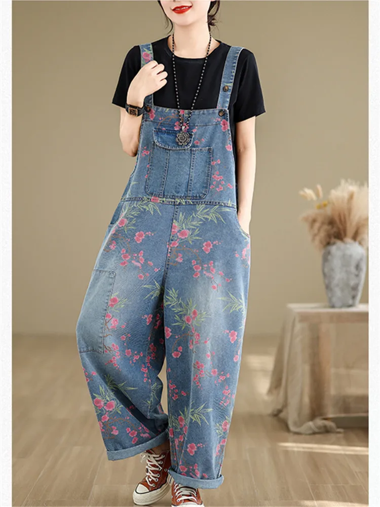 Spring Autumn Fashion Streetwear Print Denim Jumpsuit Women Casual Loose Wide Leg Pants Rompers Pockets Straps Jeans Overalls