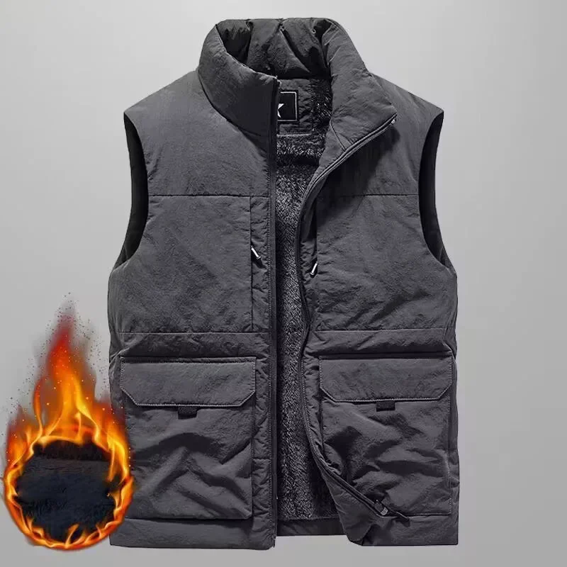 

Мужской утепленный флисовый теплый жилет, повседневный хлопковый жилет с большими карманами и воротником-стойкой, мужская осенне-зимняя термокуртка без рукавов