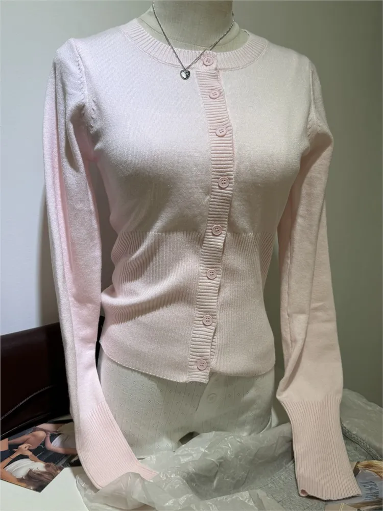 

Розовый вязаный кардиган с длинными рукавами, женский весенний простой повседневный джемпер на пуговицах, одежда Shoujo, милый милый свитер в консервативном стиле, топ