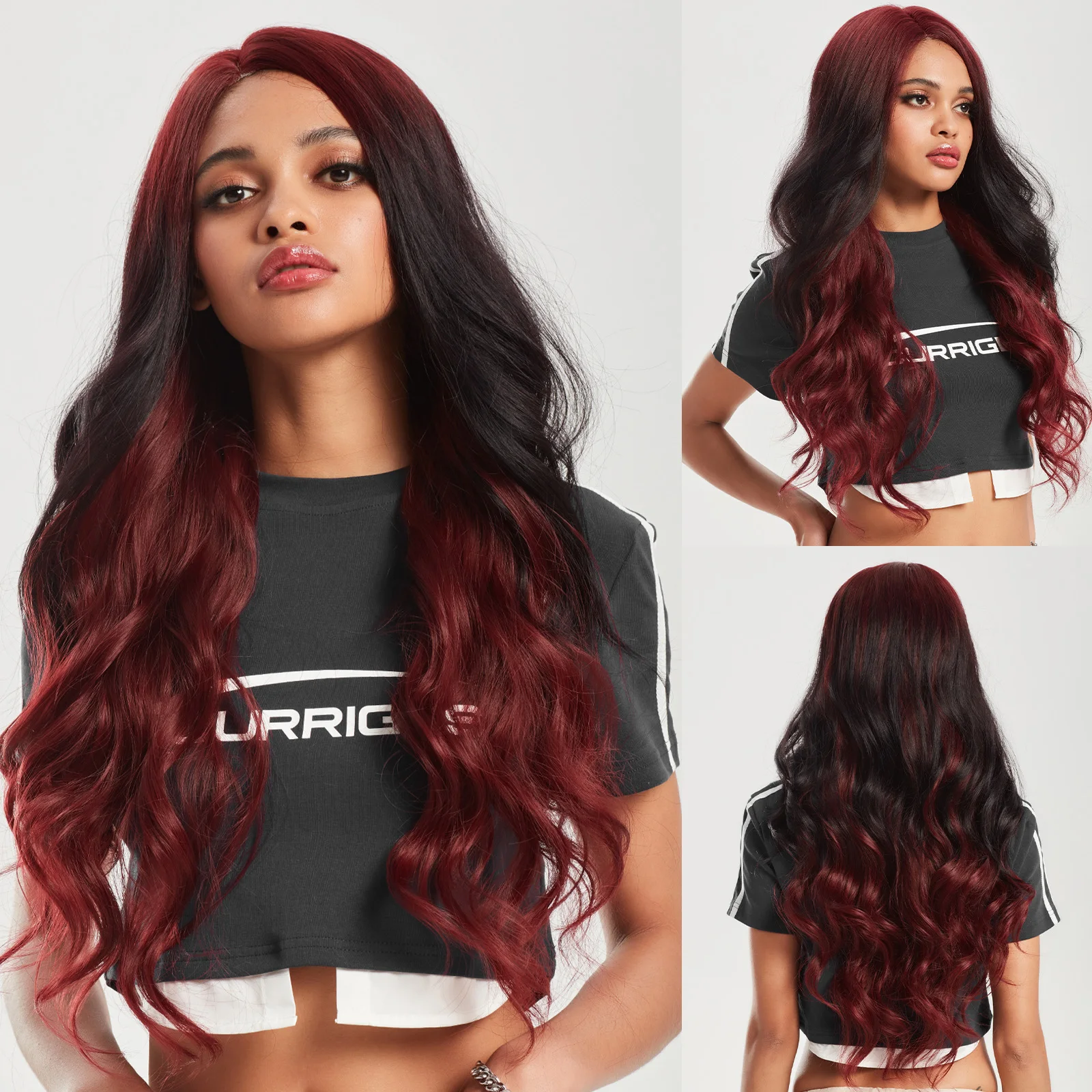 HAIRCUBE Red to Black Ombre Synthetic Wigs for Afro Women Middle Parted Hairline Lace Front Wigs for Cosplay Daily Use Fake Hair