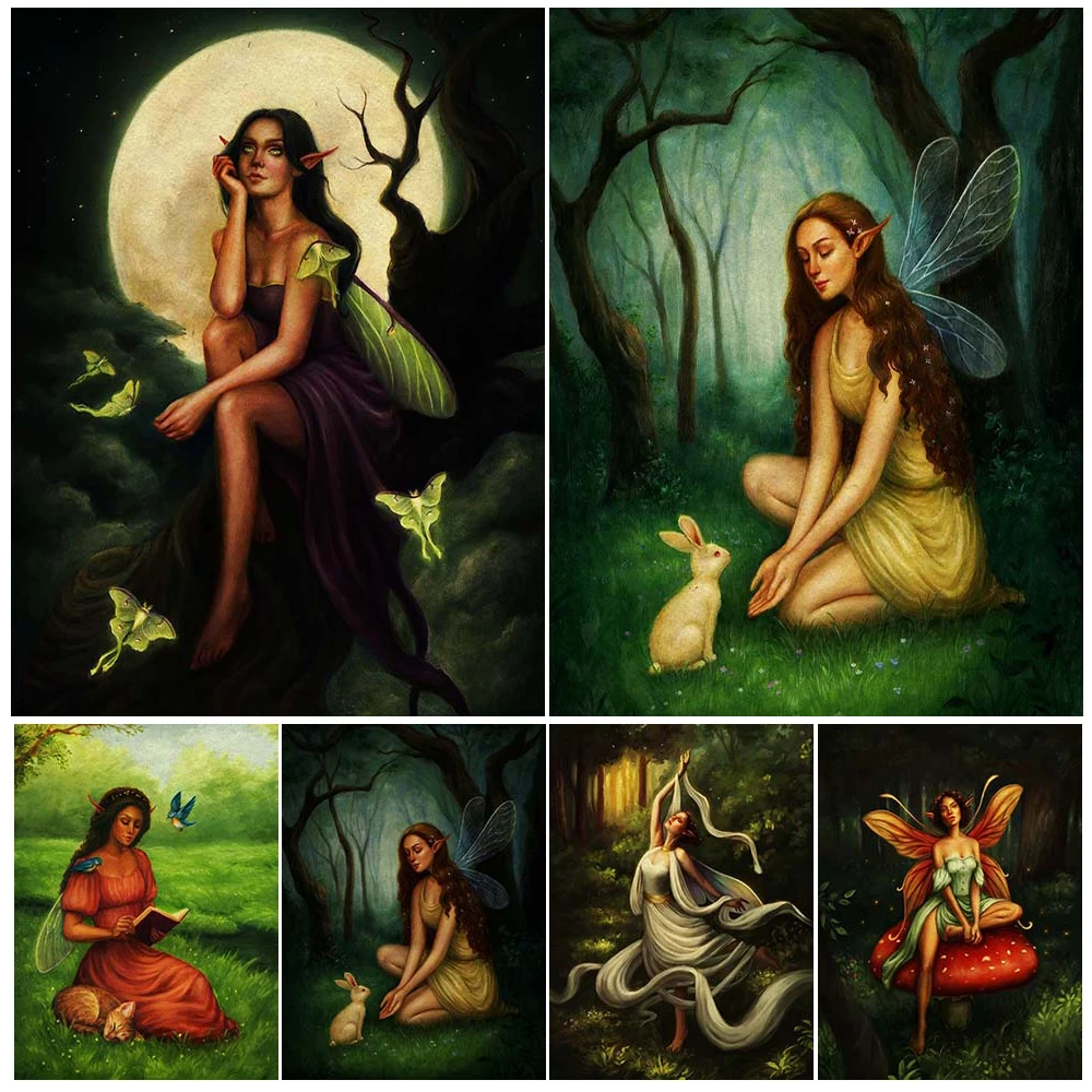 

Moth Fairy & Butterfly Elf In Woodland,Vintage Wall Art Canvas Painting Guardian Spirit Of The Forest Abstract Art Poster Print