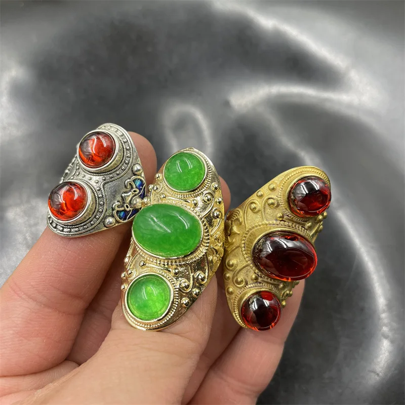 Inlaid Jacinth Emerald Green Multi-Sided Malay Jade Big Ring