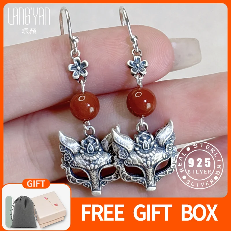 

Langyan полые серьги из стерлингового серебра 925 пробы с маской лисы и бусинами из красного агата в китайском стиле, ювелирные аксессуары ручной работы, оптовая продажа