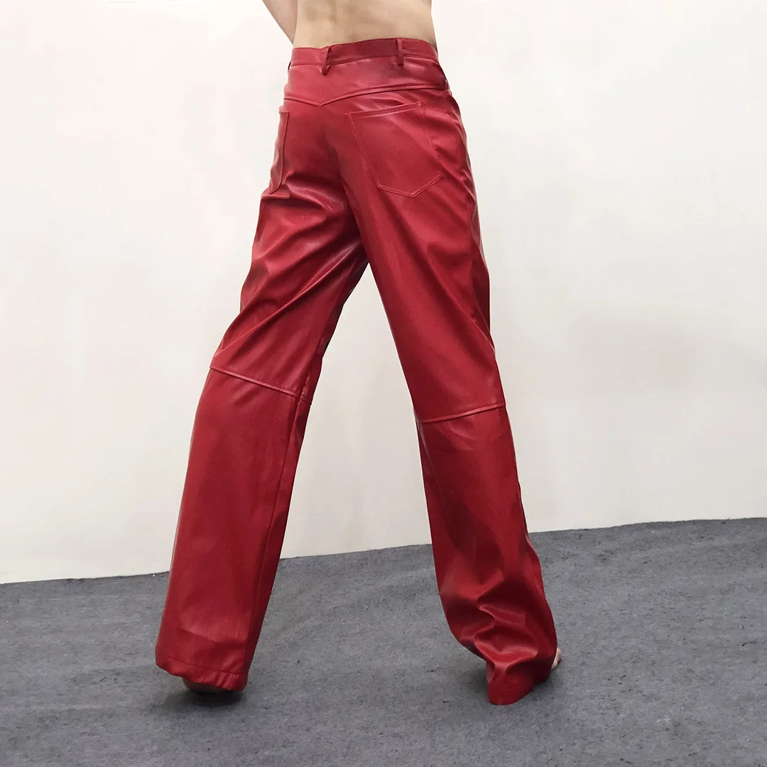 Men's Straight Tube Loose Casual Leather Pants Solid Color Fashion Black White Red Trousers Oversize Nightclub Stage Costume