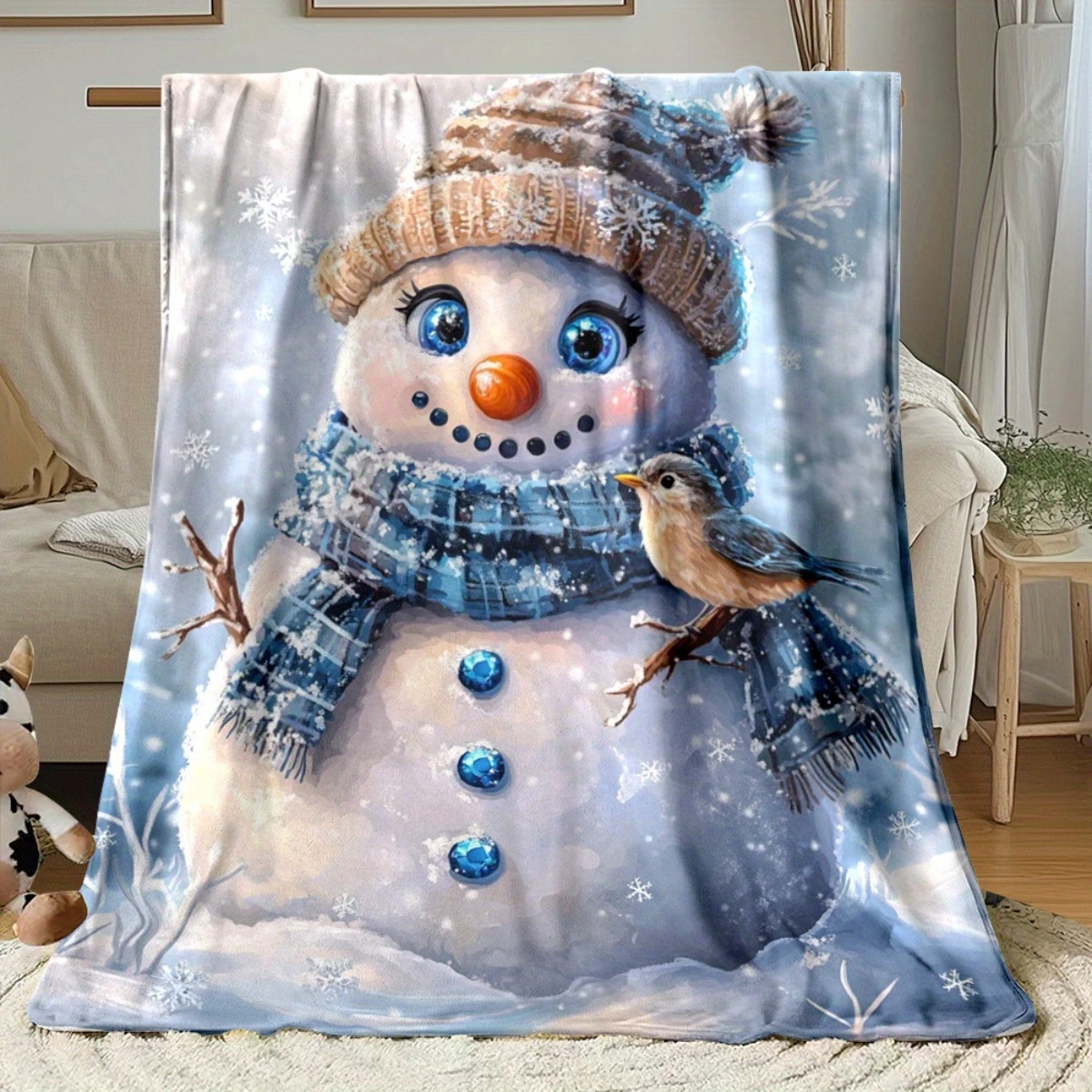 1 manta festiva de franela com design de boneco de neve e pássaro: manta leve, macia e quente para sofá, cama, viagens, camping
