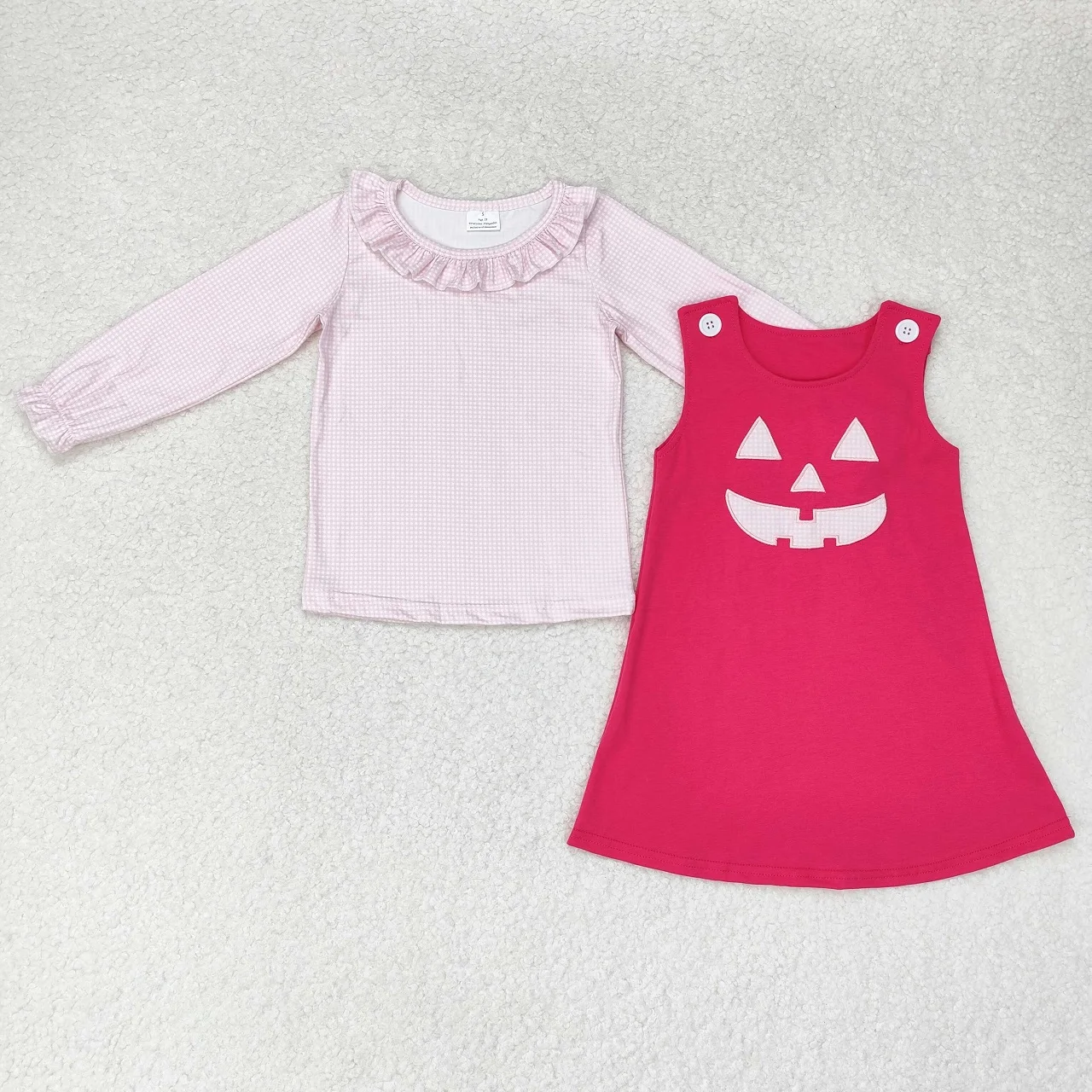 

Оптовая продажа, комплект одежды для маленьких девочек на Хэллоуин, розовая клетчатая рубашка с длинными рукавами для малышей, платье с вышивкой в виде тыквы, детская одежда