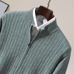 Men's New Autumn And Winter Top 100% Merino Wool Knit Sweater With Zipper Stand Up Collar And Wheat Grain Pattern Cardigan