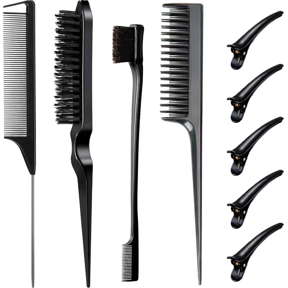 9PCS Hair Styling Comb Set Teasing Hair Brush Triple Teasing Combs Rat Tail Combs Edge Brush Hair Clips Barber Hairdressing Tool